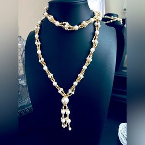 Vintage Estate Faux Pearl Gold and White Beaded Single Strand Necklace 30" B2-13